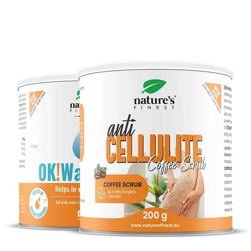 Cellulite Fix | anticelulitný kávový peeling + drenážny nápoj WaterOut | podpora hladkej pokožky, pevnosti, rovnováhy vody a tvaru postavy